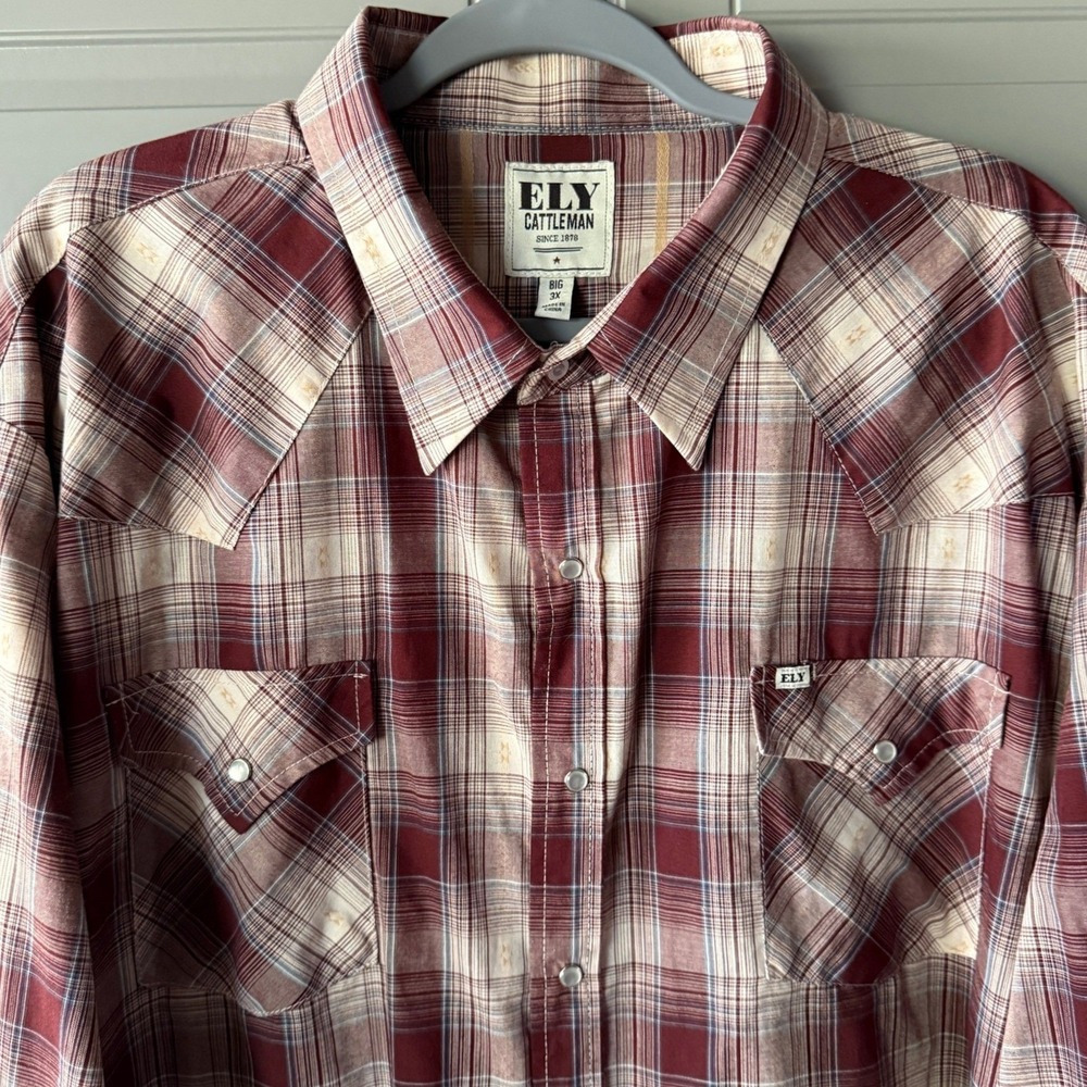 ELY Cattleman Western Aztec Plaid Snap LS Big/Tall Shirt, Red‎ Cream Blue, 3X